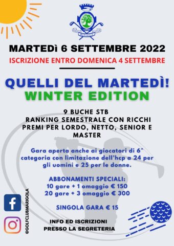 QUELLI DEL MARTEDÍ- winter edition – 6 SETTEMBRE 2022