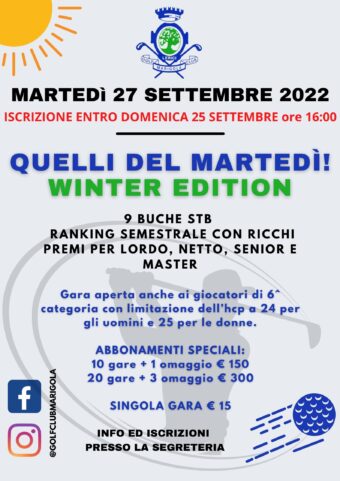 QUELLI DEL MARTEDÍ- winter edition – 27 SETTEMBRE 2022