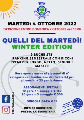 QUELLI DEL MARTEDÍ- winter edition – 4 OTTOBRE 2022
