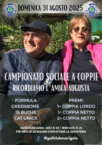 CAMPIONATO SOCIALE A COPPIE (8^gara) – RICORDIAMO L’AMICA AUGUSTA – DOMENICA 31 AGOSTO 2025