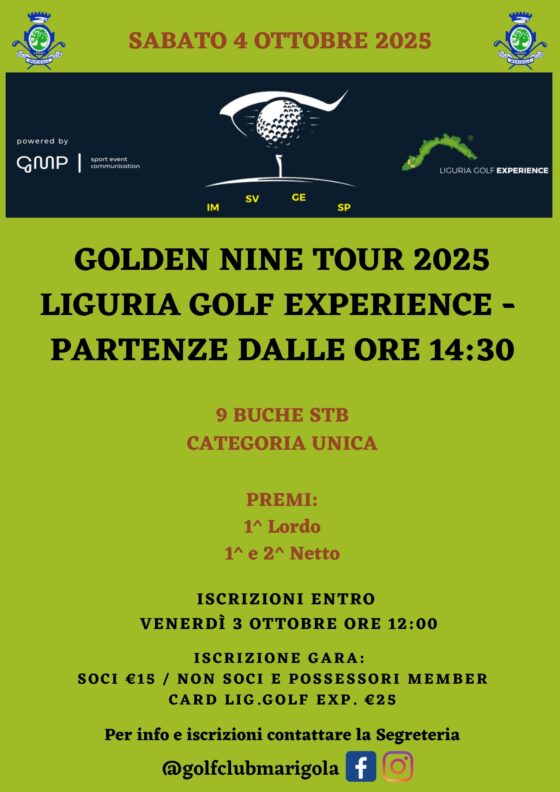 GOLDEN NINE TOUR – LIGURIA GOLF EXPERIENCE – SABATO 4 OTTOBRE 2025