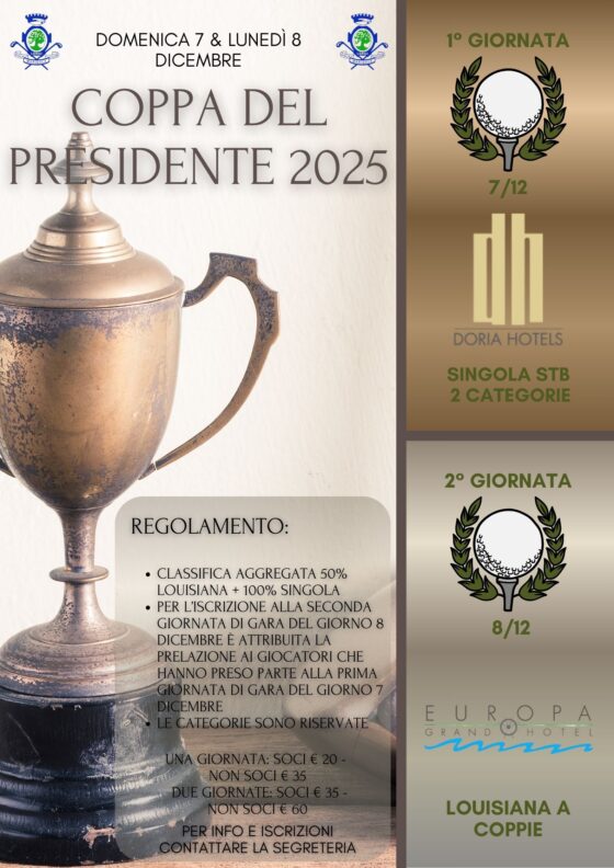COPPA DEL PRESIDENTE 2025 – domenica 7 e lunedì 8 dicembre